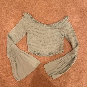 Green Smocked Off-the-Shoulder Bell Sleeve Top Sz S